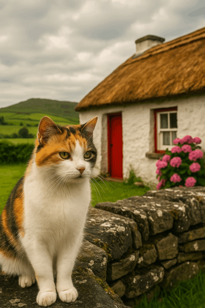 Irish cat sitting on window ledge with raindrops outside; Cats.ie logo below.